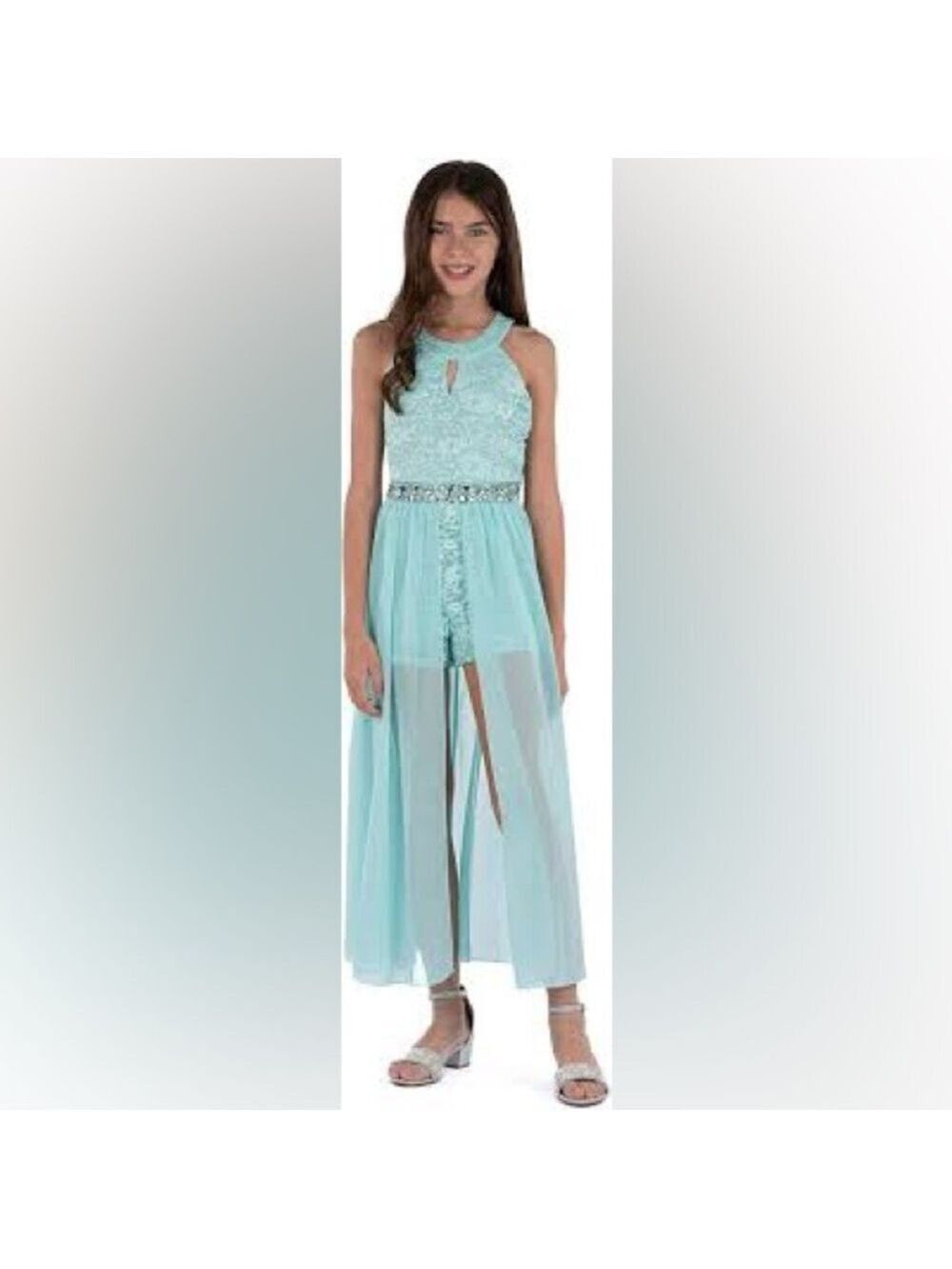 Speechless Girls' Mint Lace High-Neck Party Dress with Sequin Waist Sz 8